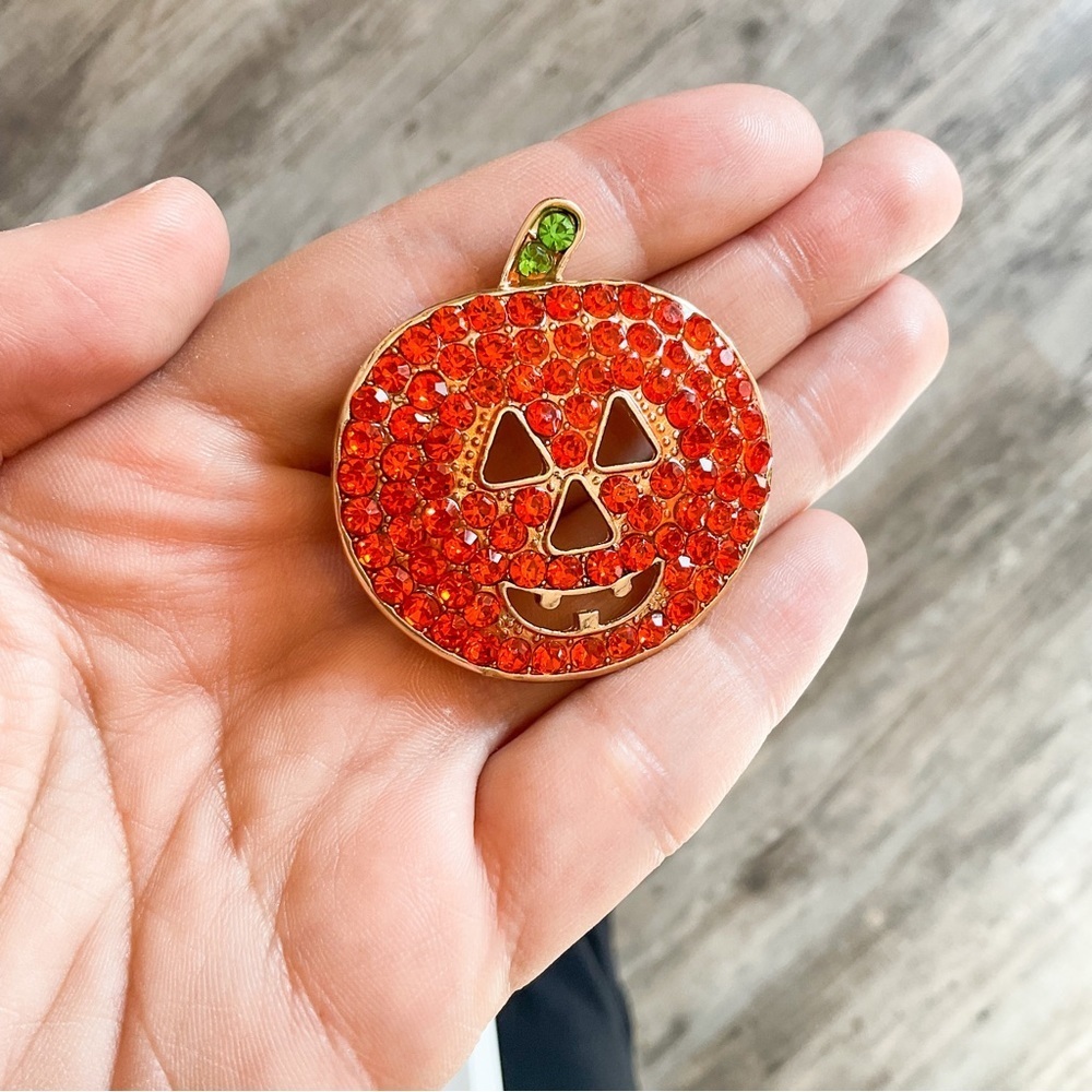 Orange Sparkly Rhinestone Pumpkin Brooch For Halloween - Picture 3 of 5